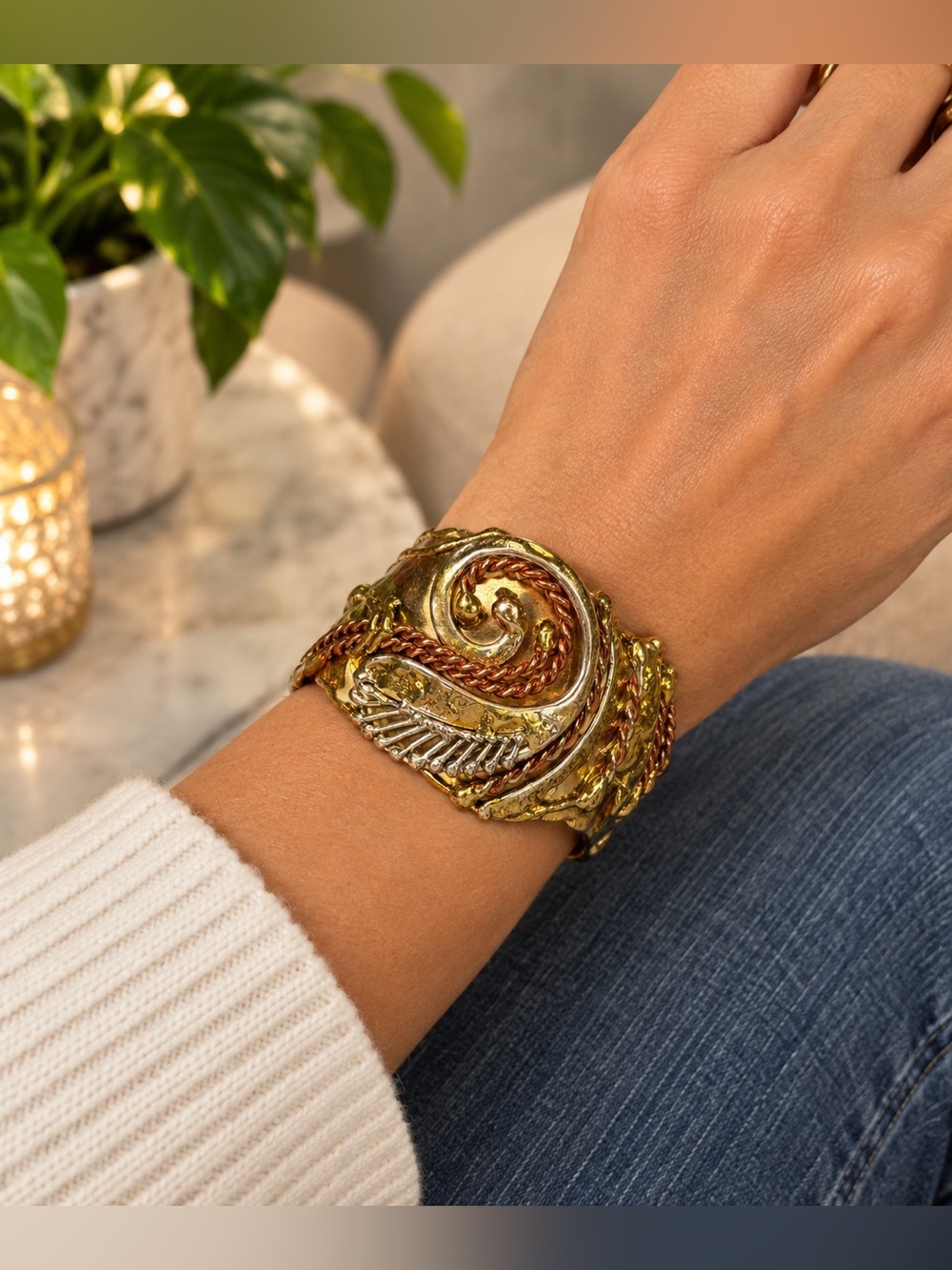 Vintage Artisan Mixed Metal Cuff Bracelet